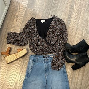 Elegant Wrap Blouse - Black and White